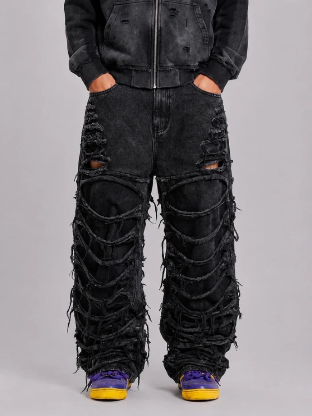 Y2K Black Slashed Baggy Wide Leg Jeans Distressed Detail L